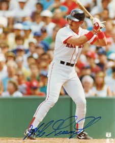 Mike Greenwell Signed Boston Red Sox White Jersey Batting Photo