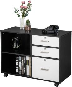Free shipping Wood File Cabinet with 3 Drawer and 2 Open Shelves Office Storage Cabinet with Wheel Printer Stand, 35.5"L x 15.7"W x 26"H YJ